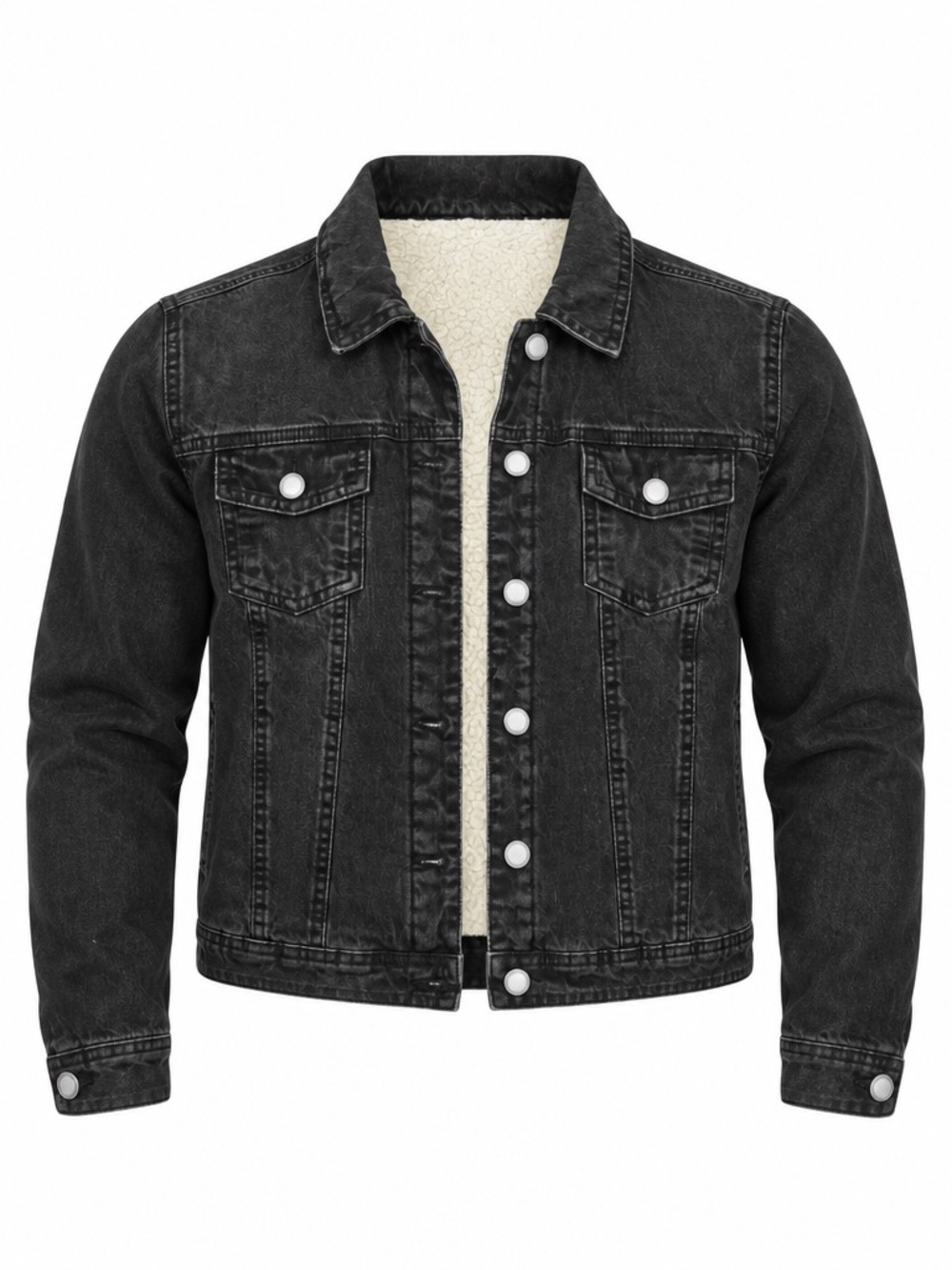 Womens's Black Sherpa-Lined Cropped Denim Jacket